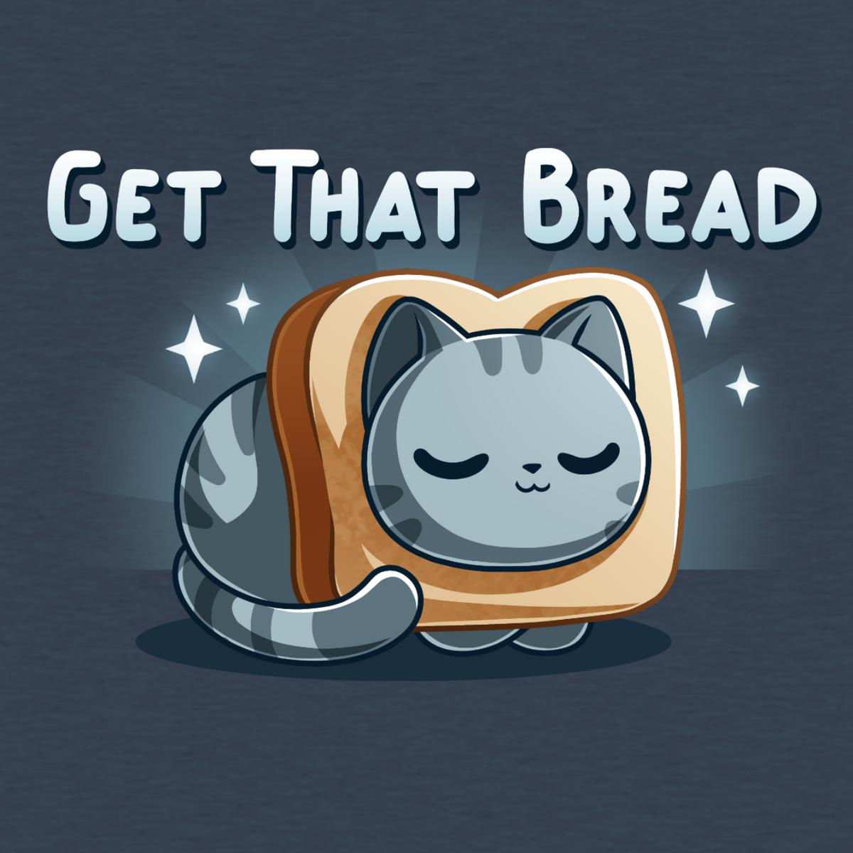 Women's Premium T-Shirt_TeeTurtle dark teal Get That Bread Women's Premium T-Shirt featuring a cozy gray tabby cat curled up inside a slice of toast with sparkles around it and the text "Get That Bread."