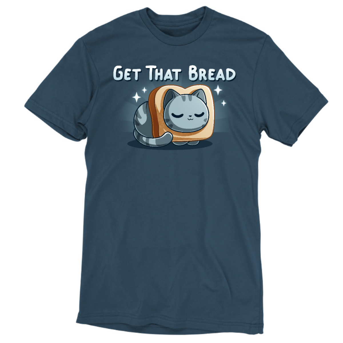 Men's Premium T-Shirt_TeeTurtle dark teal Get That Bread Men's Premium T-Shirt featuring a cozy gray tabby cat curled up inside a slice of toast with sparkles around it and the text "Get That Bread."