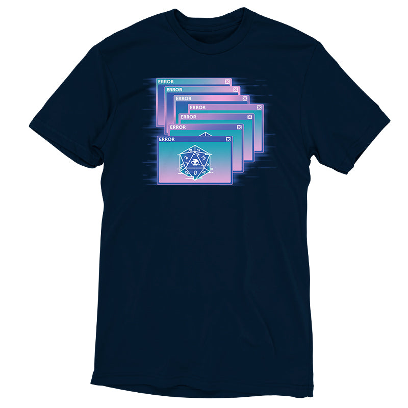 A navy blue T-shirt made of super soft ringspun cotton, featuring multiple overlapping retro computer error windows with a Vaporwave D20 graphic in the front window. Introducing the GlitchWave D20 by monsterdigital.