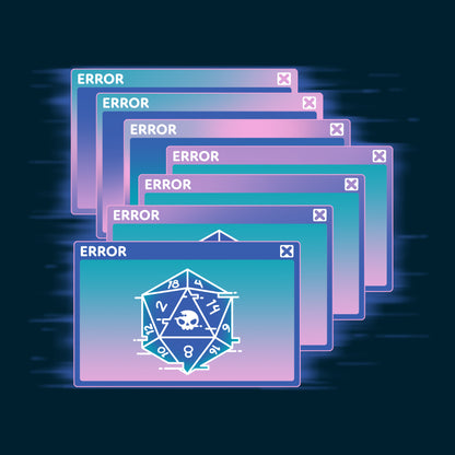 A series of overlapping error messages with a vaporwave gradient background, featuring an icon of a 20-sided die displaying numbers and a skull symbol, reminiscent of the retro aesthetic on a super soft ringspun cotton navy blue monsterdigital GlitchWave D20 T-shirt.