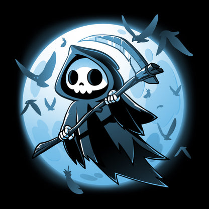 A Grim Ravens skeleton holding a scythe in front of a full moon on a TeeTurtle T-shirt.