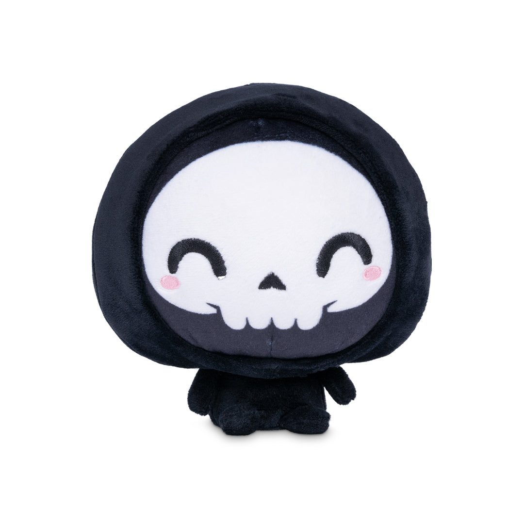 Cloudheads: 5" Halloween Bundle - Grim. A black plush Grim Reaper toy with a hood and a white skull face featuring simple black eyes and mouth details, along with pink cheeks that make it look like they are smiling, set against a plain white background.