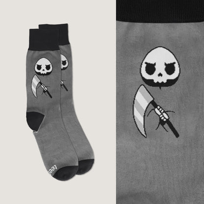 Comfortable and cozy Grim Reaper socks featuring a skull and axe design by TeeTurtle.