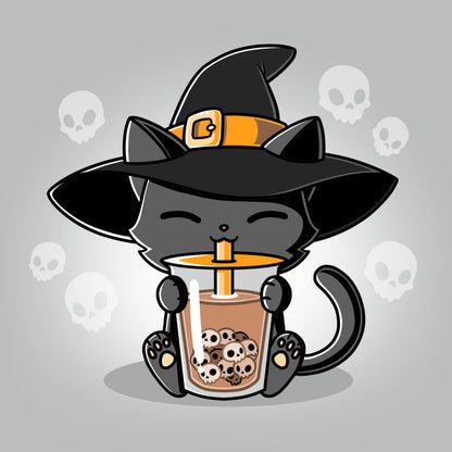 A TeeTurtle Halloween Boba Cat in a witch hat enjoying a cup of coffee during the spoopy era.