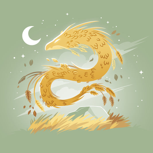 An illustration of the Harvest Dragon, a majestic golden dragon flying in the sky, perfect for a TeeTurtle T-shirt.