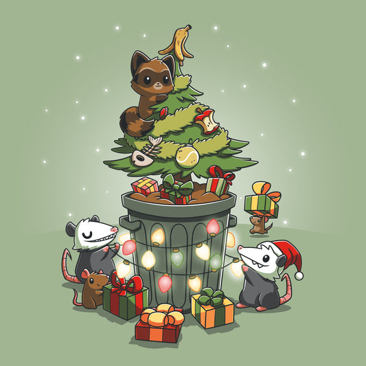 A Have Yourself a Trashy Little Christmas tree in a trash can with mice scurrying around it. (Brand Name: TeeTurtle)