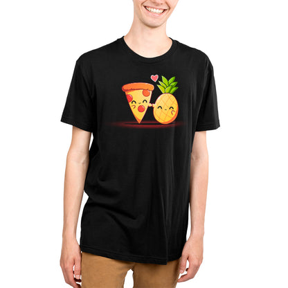 A young man wearing a TeeTurtle t-shirt with a pineapple and pizza.