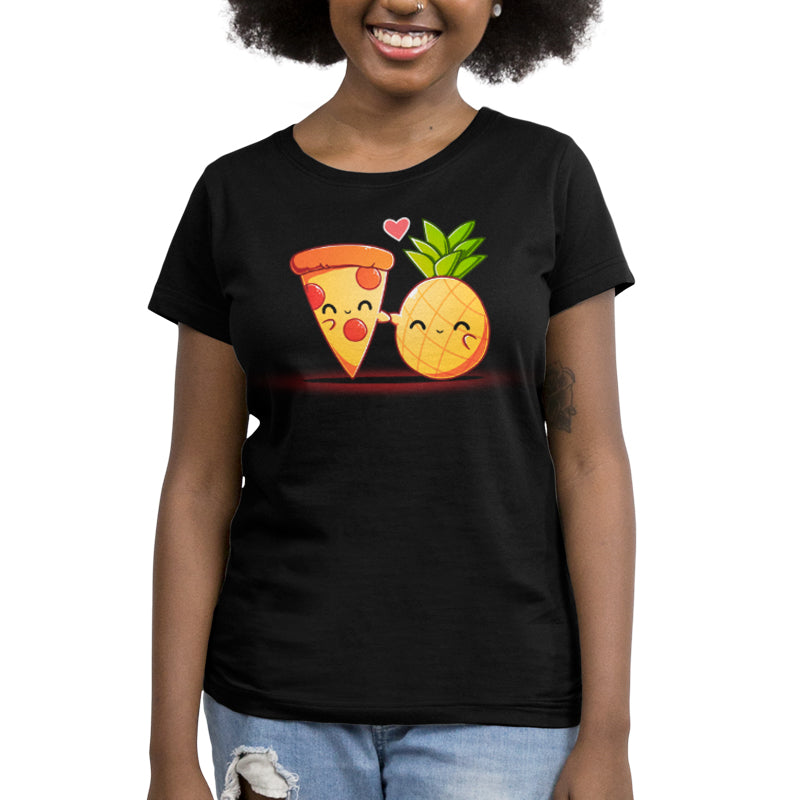 A woman wearing a TeeTurtle Hawaiian Pizza-themed T-shirt.