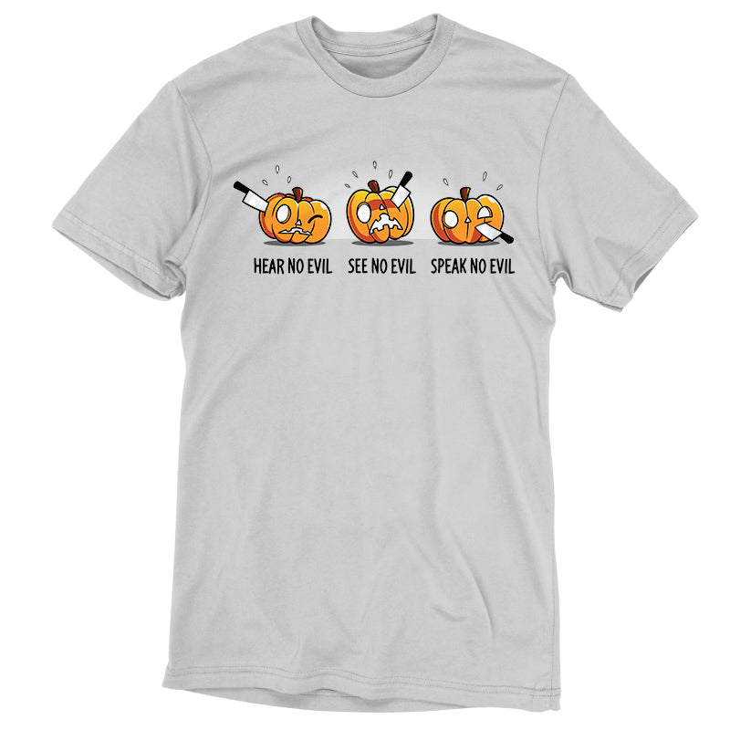 Premium Cotton T-shirt_TeeTurtle Hear No Evil, See No Evil, Speak No Evil silver gray t-shirt featuring three pumpkins with knives in each. One is getting its ears carved, the second is getting its eyes carved, and the third is getting its mouth carved.