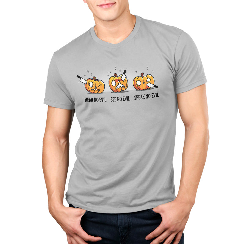 Premium Cotton T-shirt_TeeTurtle Hear No Evil, See No Evil, Speak No Evil silver gray t-shirt featuring three pumpkins with knives in each. One is getting its ears carved, the second is getting its eyes carved, and the third is getting its mouth carved.