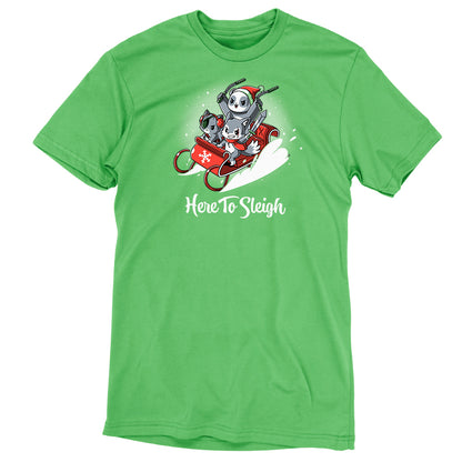 A TeeTurtle Here to Sleigh green t-shirt featuring Santa riding a sleigh.
