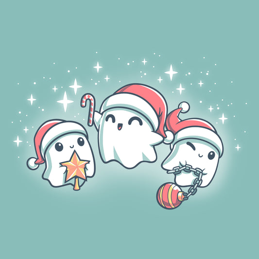 Three ghosts wearing Santa hats and Christmas decorations on a Holiday Spirits T-shirt by TeeTurtle.