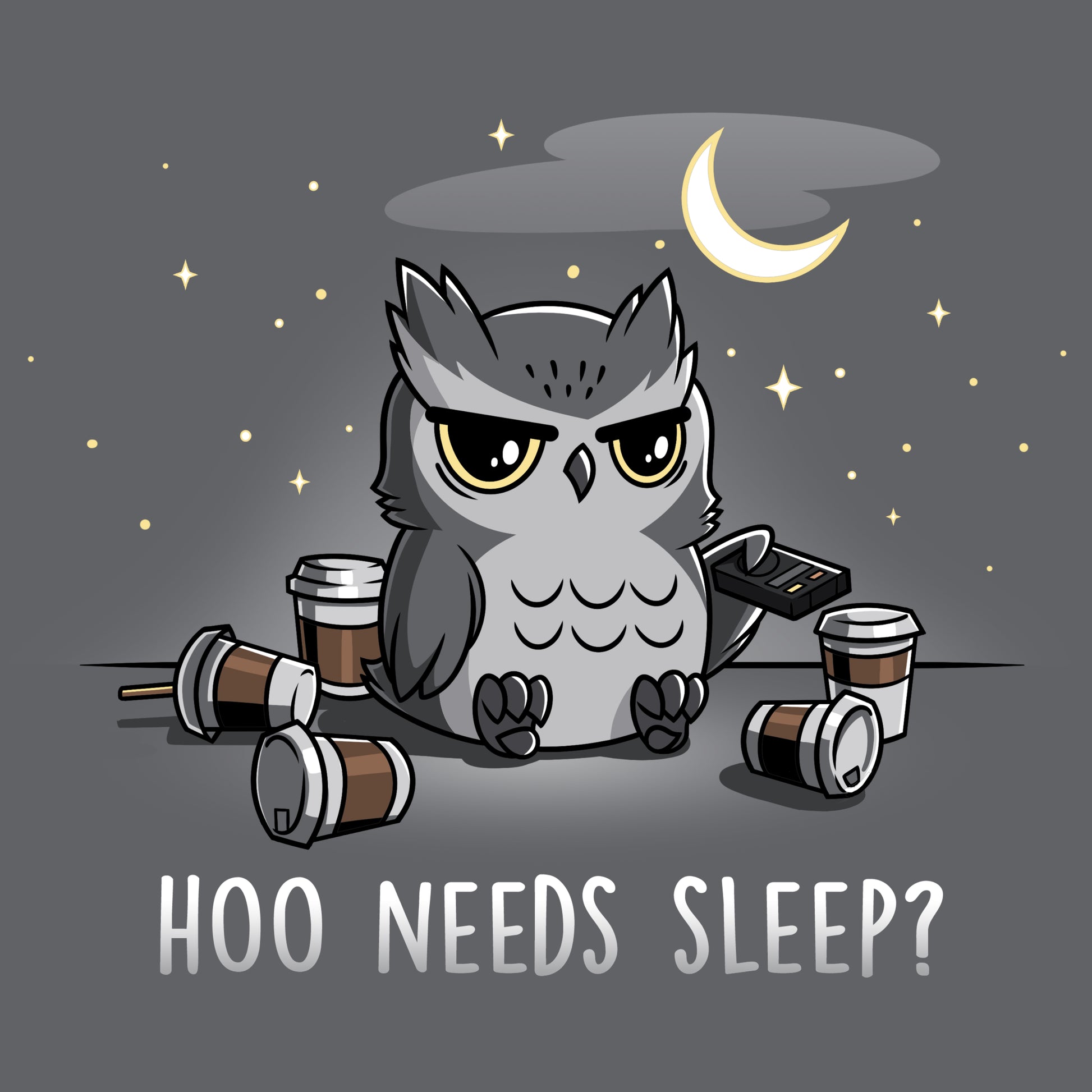 A cartoon owl wearing a charcoal gray t-shirt sitting next to a cup of coffee with the words TeeTurtle Hoo Needs Sleep?.