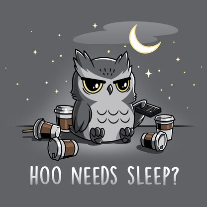 Premium Cotton T-shirt - Introducing the "Hoo Needs Sleep?" apparel by monsterdigital: an illustration of a tired owl sitting with coffee cups around and a remote, under a night sky with stars and a crescent moon. This super soft ringspun cotton, charcoal gray apparel is perfect for those who embrace their nocturnal vibes.