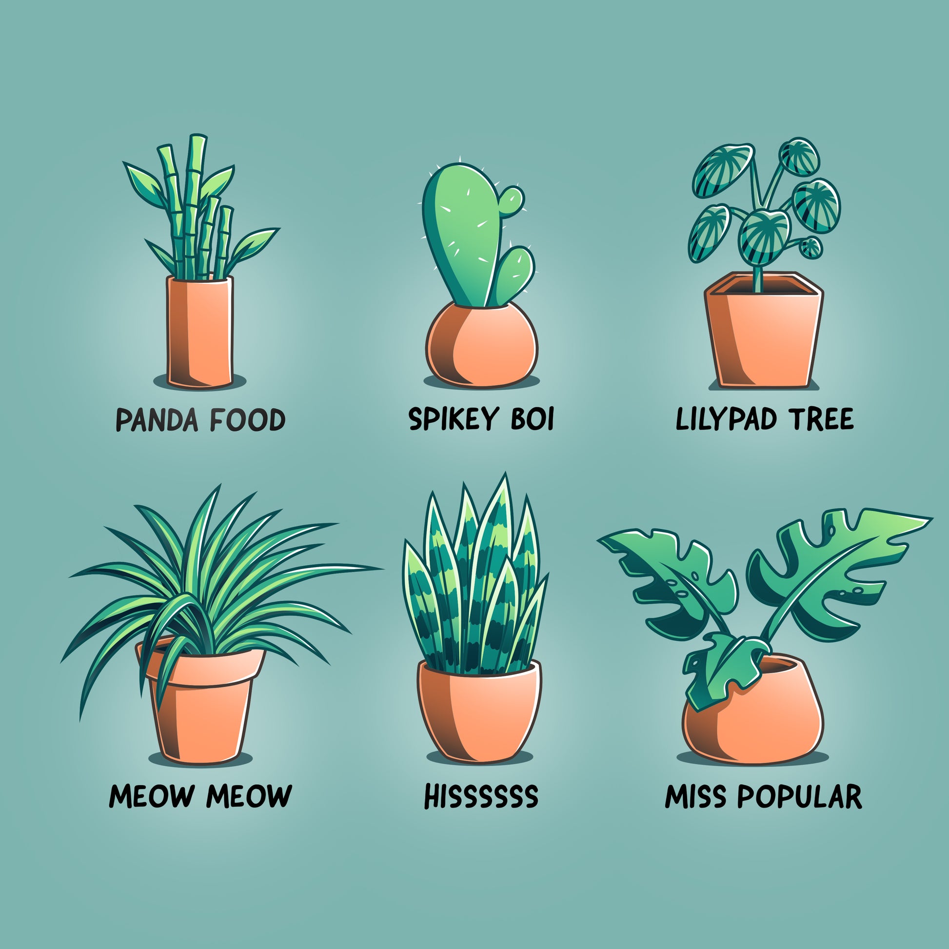 A TeeTurtle scientific collection of Houseplant Nicknames in pots, showcased against a vibrant blue background.
