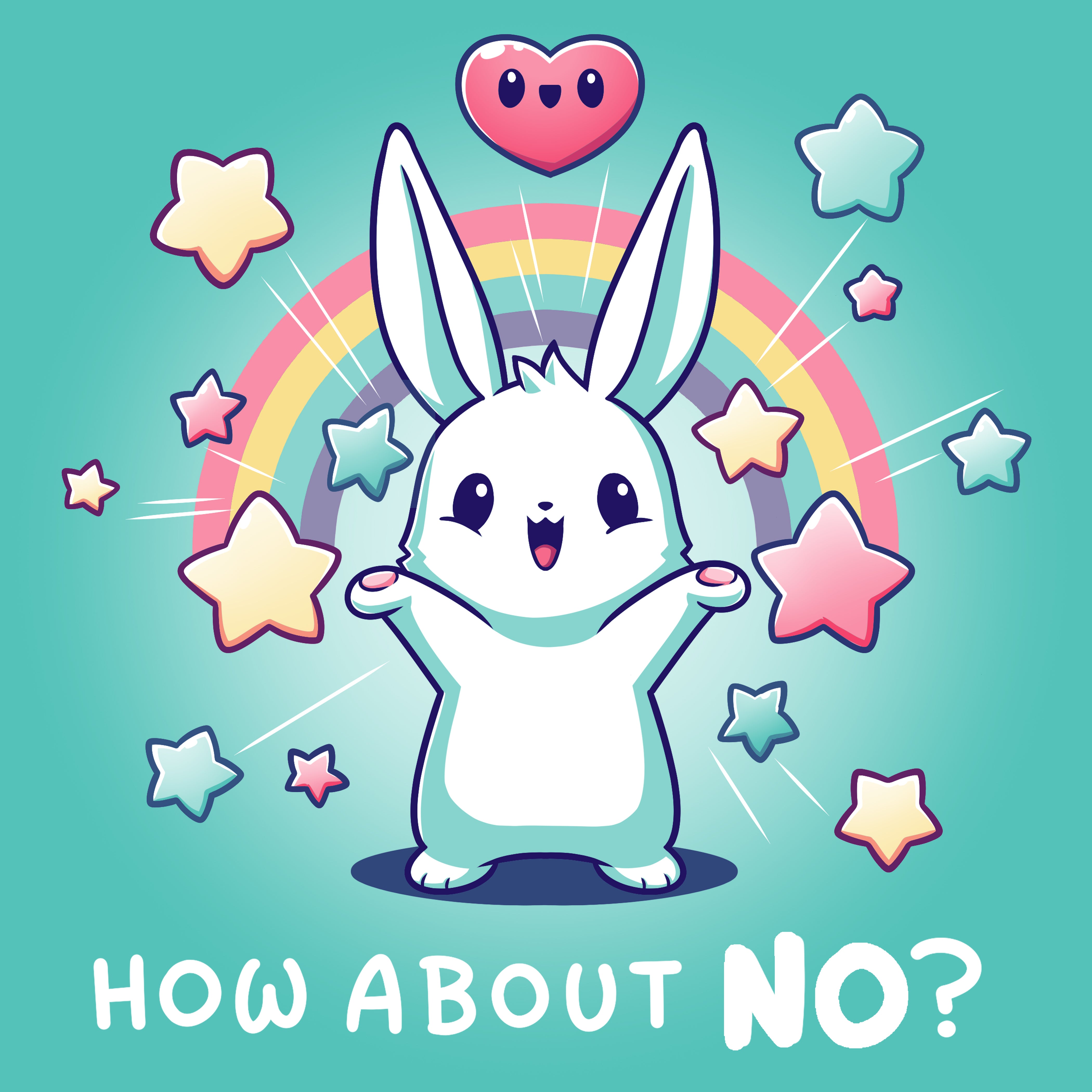 Premium Cotton T-shirt_TeeTurtle How About No? caribbean blue t-shirt featuring a happy bunny with stars, hearts and rainbows. The text reads, 