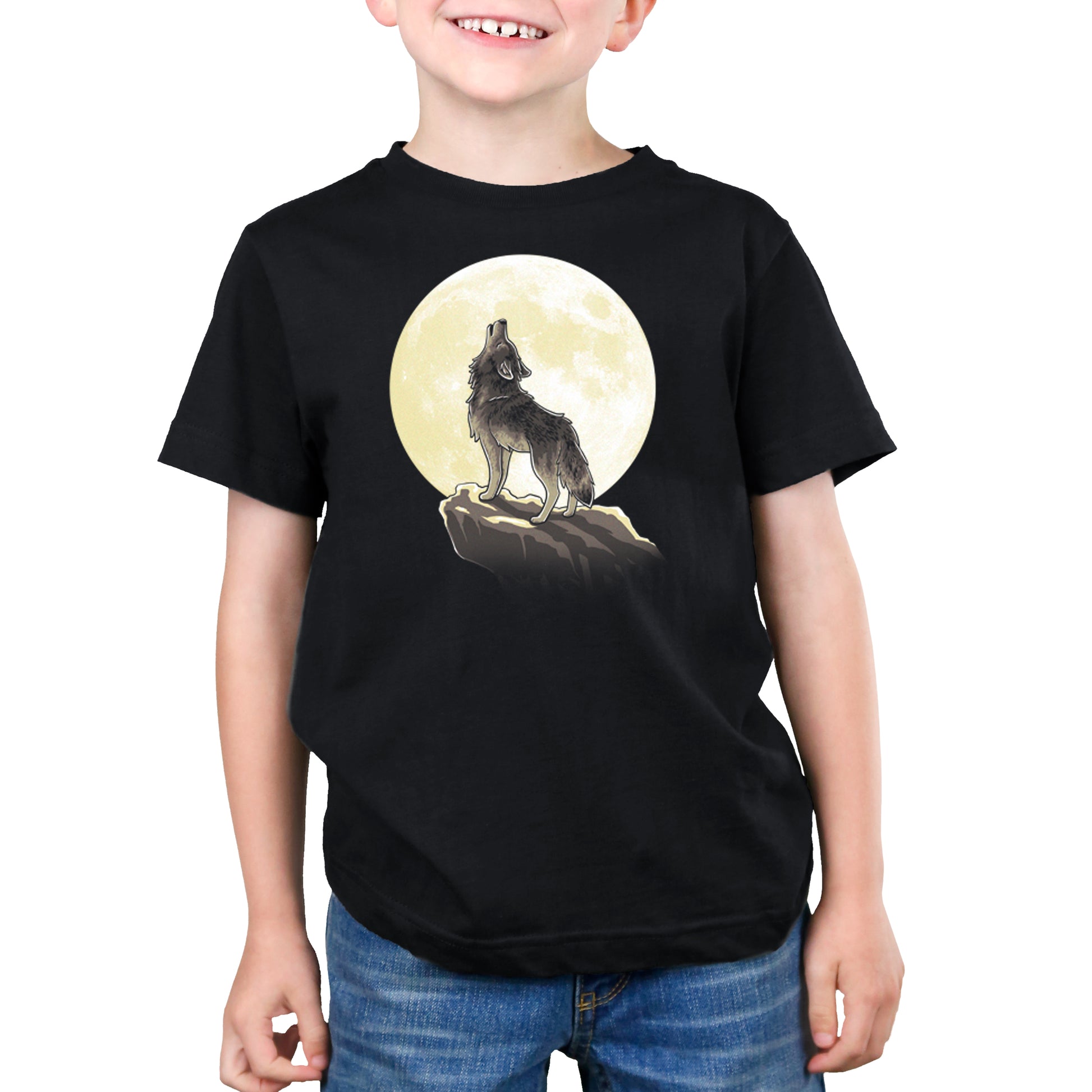 A boy wearing a TeeTurtle Howl at the Moon black t-shirt.