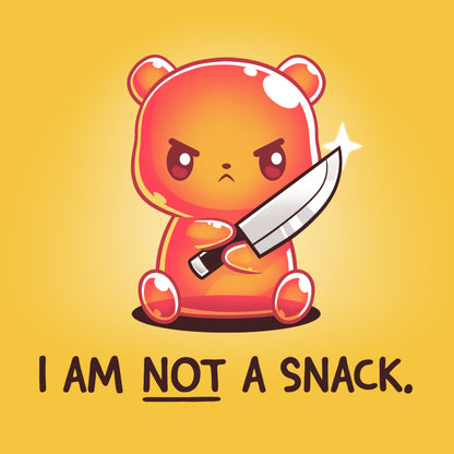 A teddy bear wearing a T-shirt holding a knife to emphasize "I Am Not a Snack" by TeeTurtle.