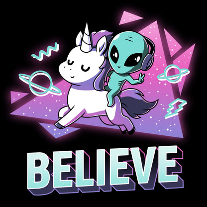 A TeeTurtle original featuring the "I Believe" product by TeeTurtle, showcasing a fantastical duo of an alien riding a unicorn, embodying the phrase "I Believe.