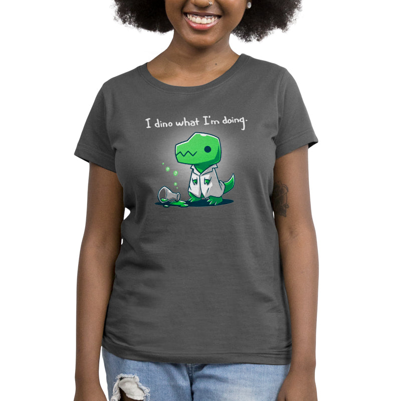 A woman wearing a TeeTurtle "I Dino What I'm Doing" t-shirt.