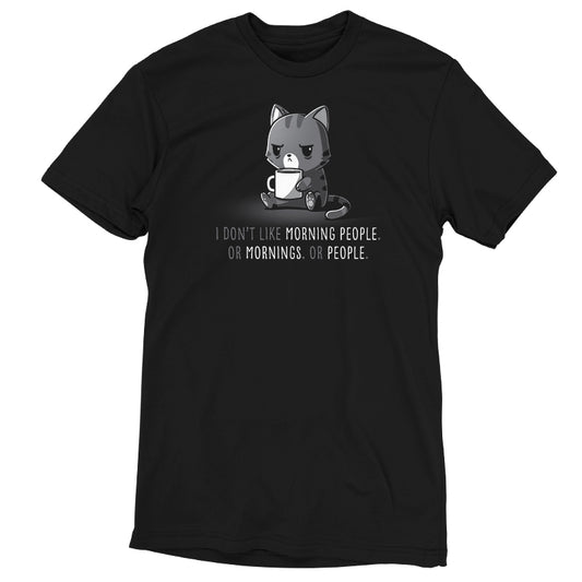 A black t-shirt with an image of a cat drinking a cup of coffee from the brand TeeTurtle, named 