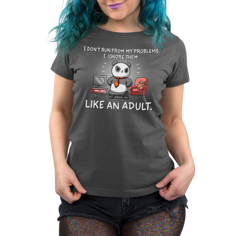 A woman wearing the TeeTurtle t-shirt "I Don't Run From My Problems" highlights the problems of adult computer usage.