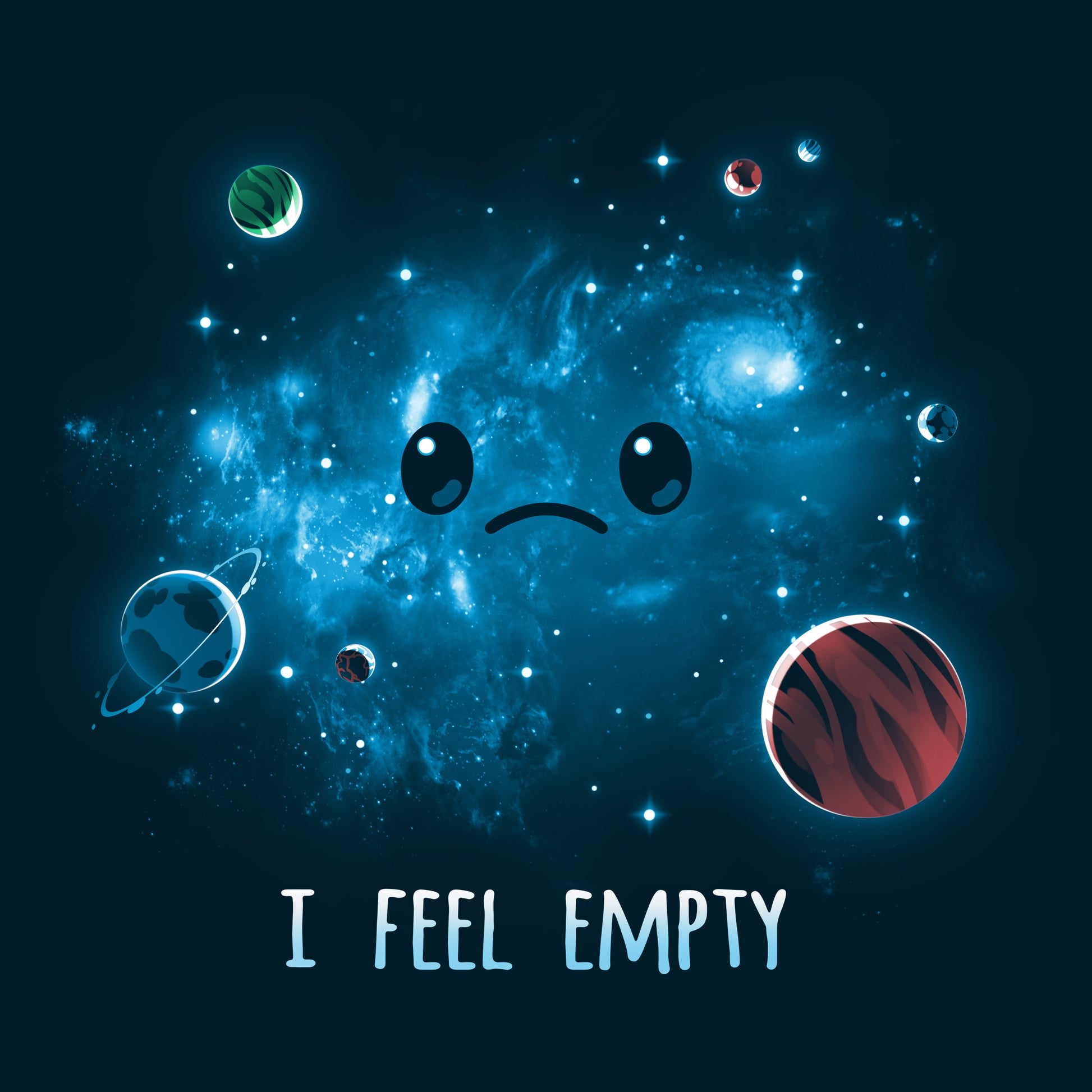 A space-themed "I Feel Empty" t-shirt by TeeTurtle that creatively portrays emptiness with the text "i feel empty" boldly printed on it.