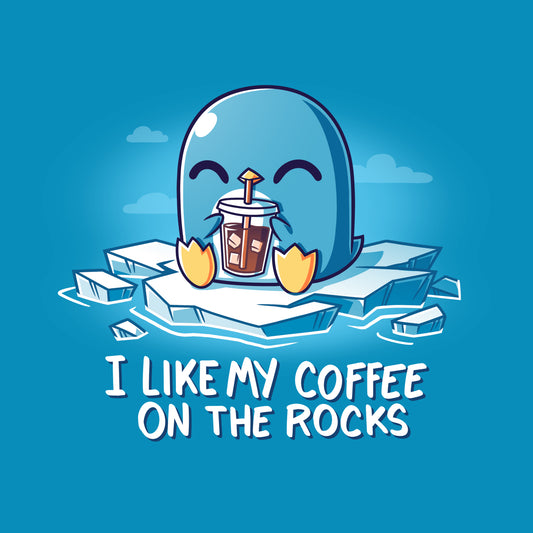 A blue cartoon penguin sits on ice, happily holding a cup of iced coffee with a straw, sporting a cobalt blue t-shirt. The text below reads, 