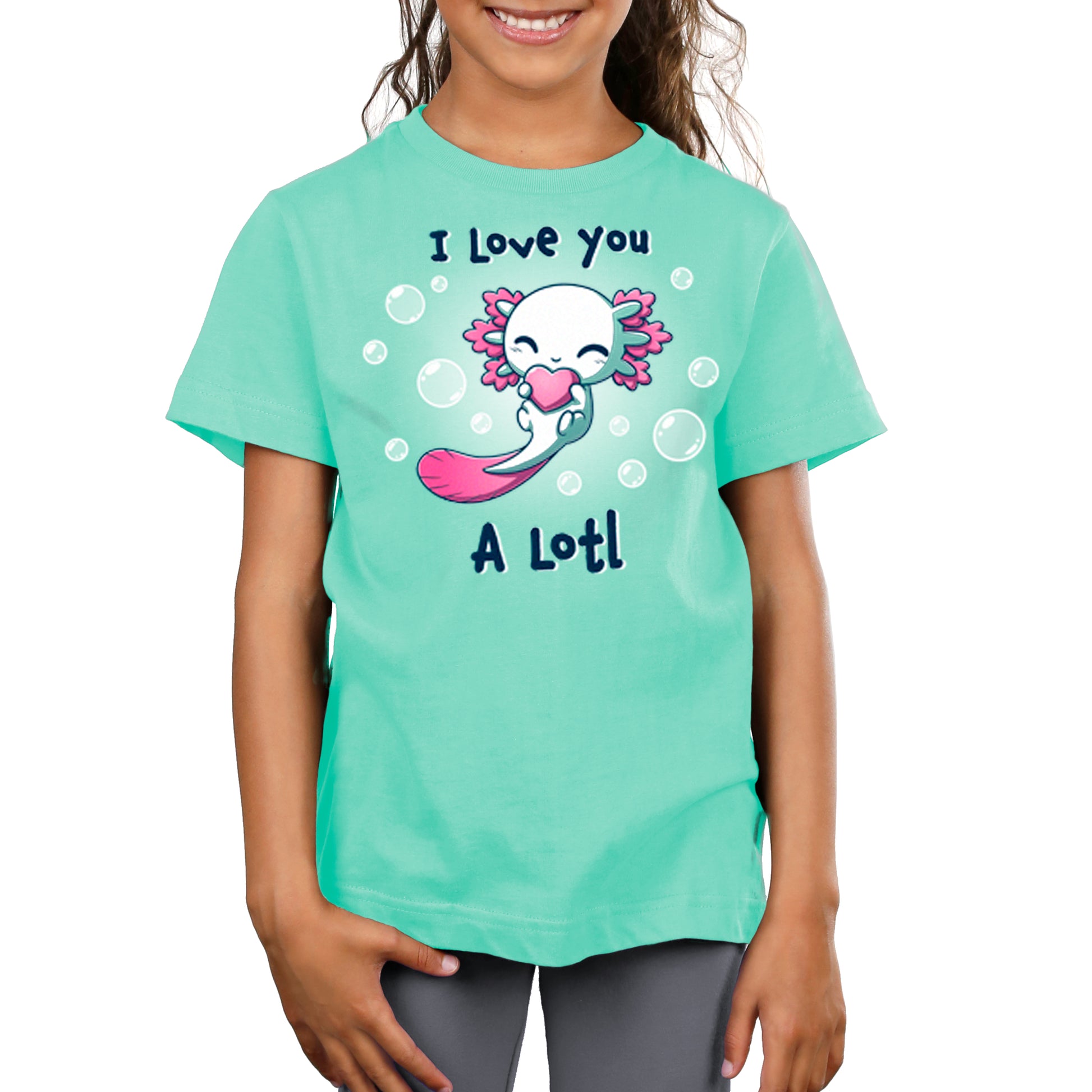 A girl wearing a Chill Blue t-shirt that says "I Love You A Lotl" from TeeTurtle.