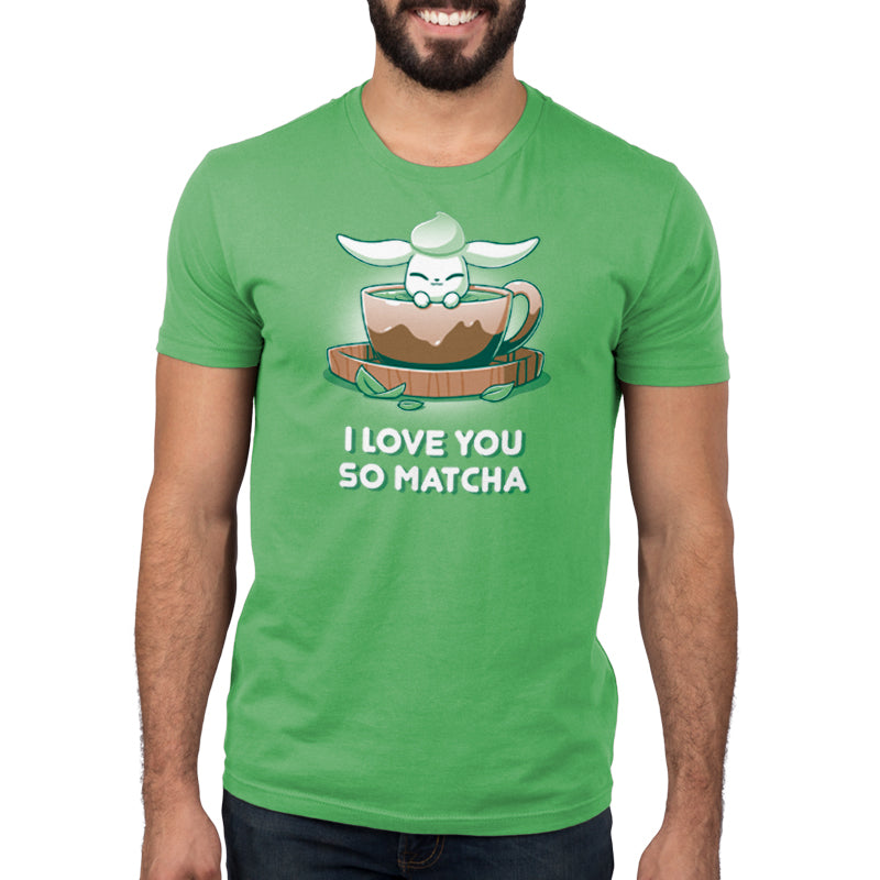 Premium Cotton T-shirt_Teeturtle I Love You So Matcha apple green t-shirt featuring a cute little white-furred bunny peeking out of a cup of Matcha Tea with 'I Love You So Matcha' beneath.