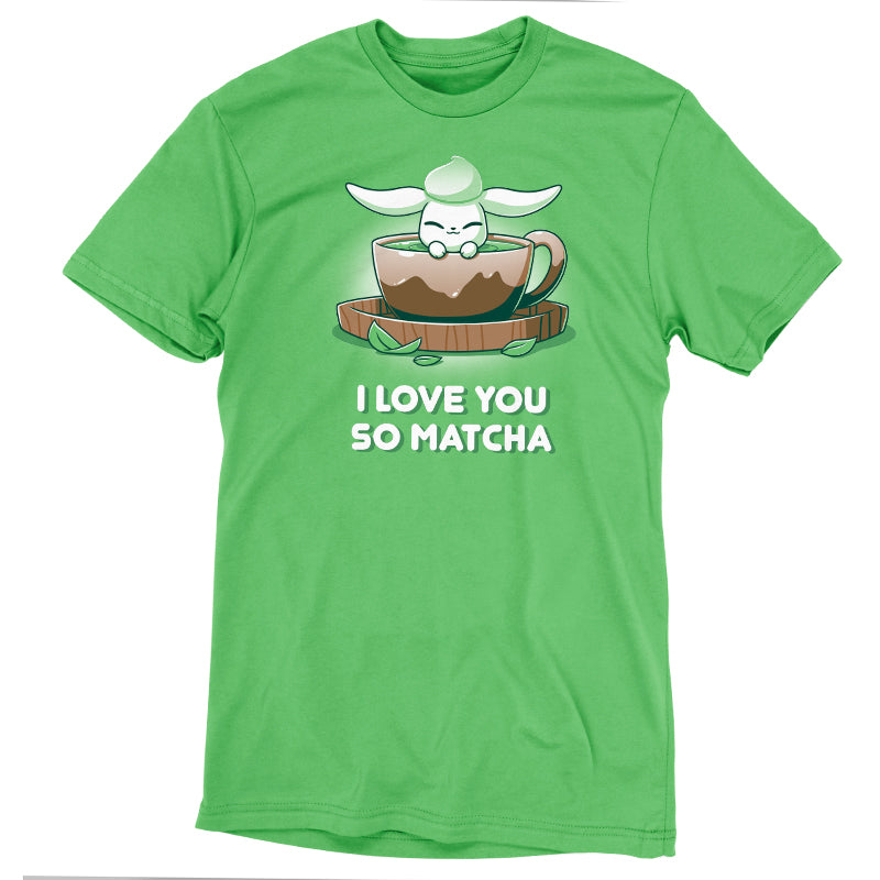 Premium Cotton T-shirt_Teeturtle I Love You So Matcha apple green t-shirt featuring a cute little white-furred bunny peeking out of a cup of Matcha Tea with 'I Love You So Matcha' beneath.