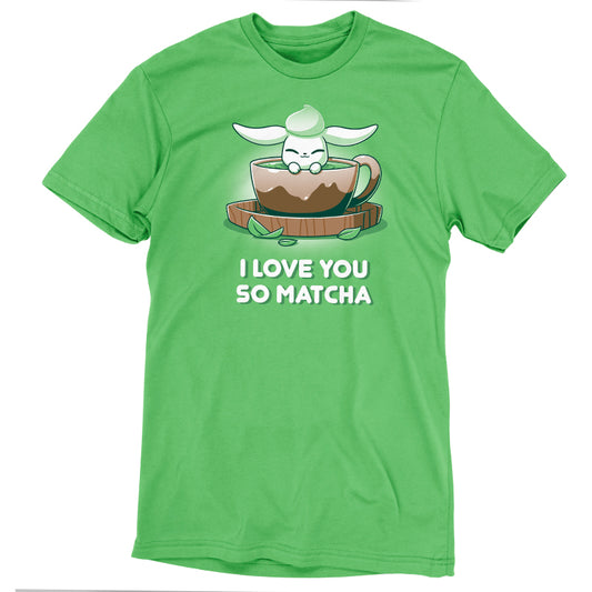 Premium Cotton T-shirt_Teeturtle I Love You So Matcha Apple Green Featuring a cute little white-furred bunny peeking out of a cup of Matcha Tea with 'I Love You So Matcha' beneath.