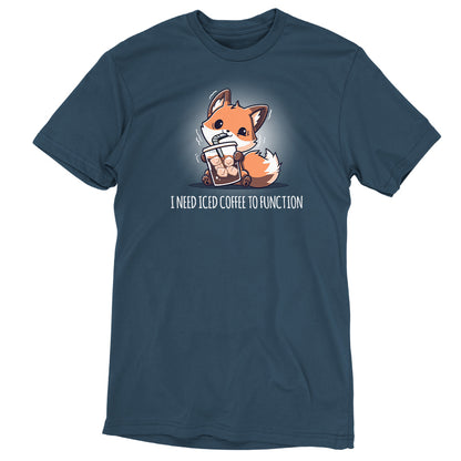 A "I Need Iced Coffee To Function" t-shirt with an image of a fox holding a cup of coffee, made by TeeTurtle.
