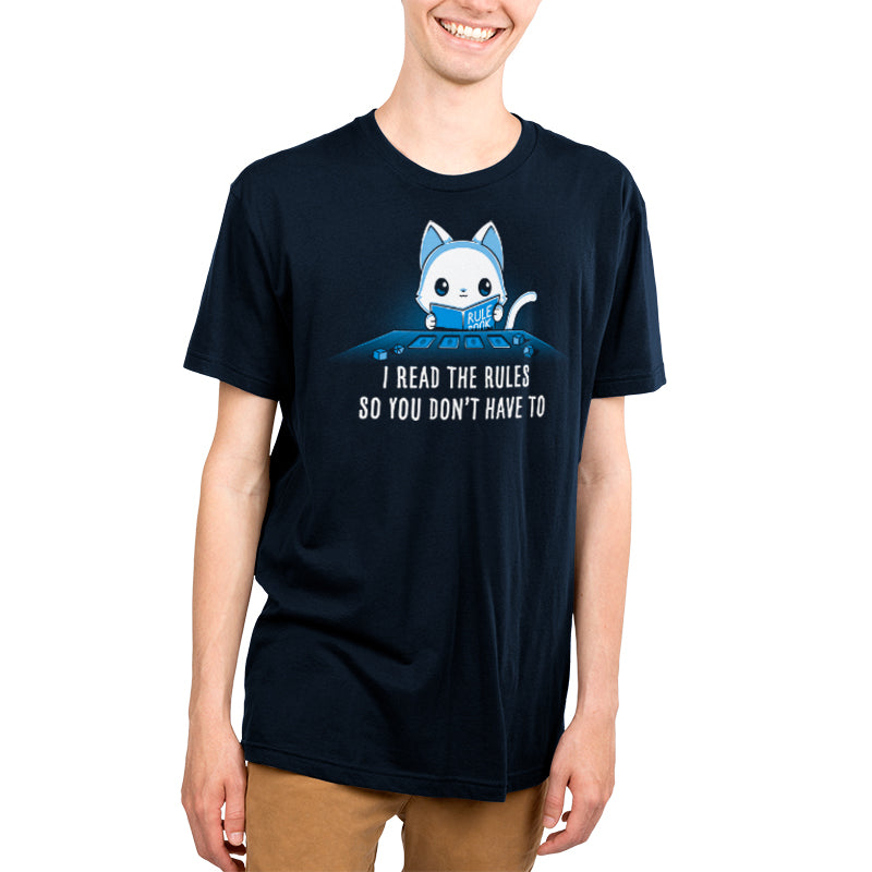 A TeeTurtle "I Read The Rules So You Don’t Have To" t-shirt features a young man in a navy blue tee boldly proclaiming "I read the book so you don't have to.