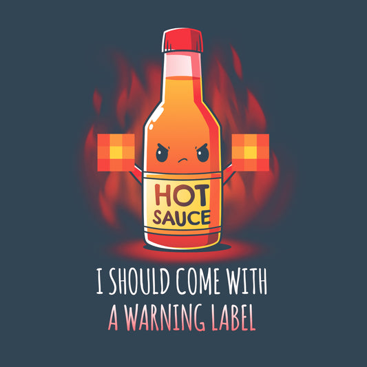 Illustration of a bottle of hot sauce with an angry face, holding two flaming objects. Text below reads, 