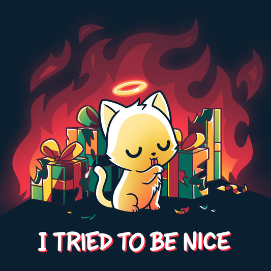 A cute cartoon cat with a halo sits innocently beside torn gift boxes, while a red fiery background contrasts with the text 
