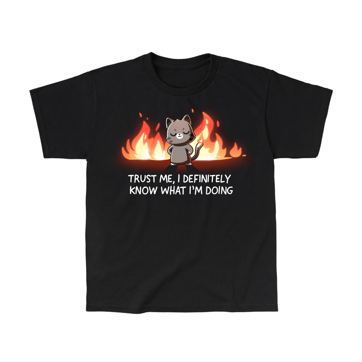Kids' Classic T-Shirt_TeeTurtle black I Definitely Know What I'm Doing Kids' Classic T-Shirt featuring a smug gray cat standing confidently in front of bright flames with the text "Trust Me, I Definitely Know What I'm Doing."