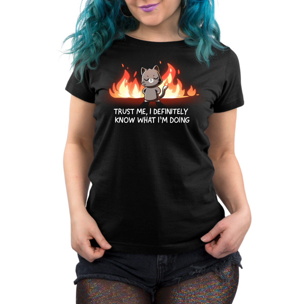 Women's Premium T-Shirt_TeeTurtle black I Definitely Know What I'm Doing Women's Premium T-Shirt featuring a smug gray cat standing confidently in front of bright flames with the text "Trust Me, I Definitely Know What I'm Doing."