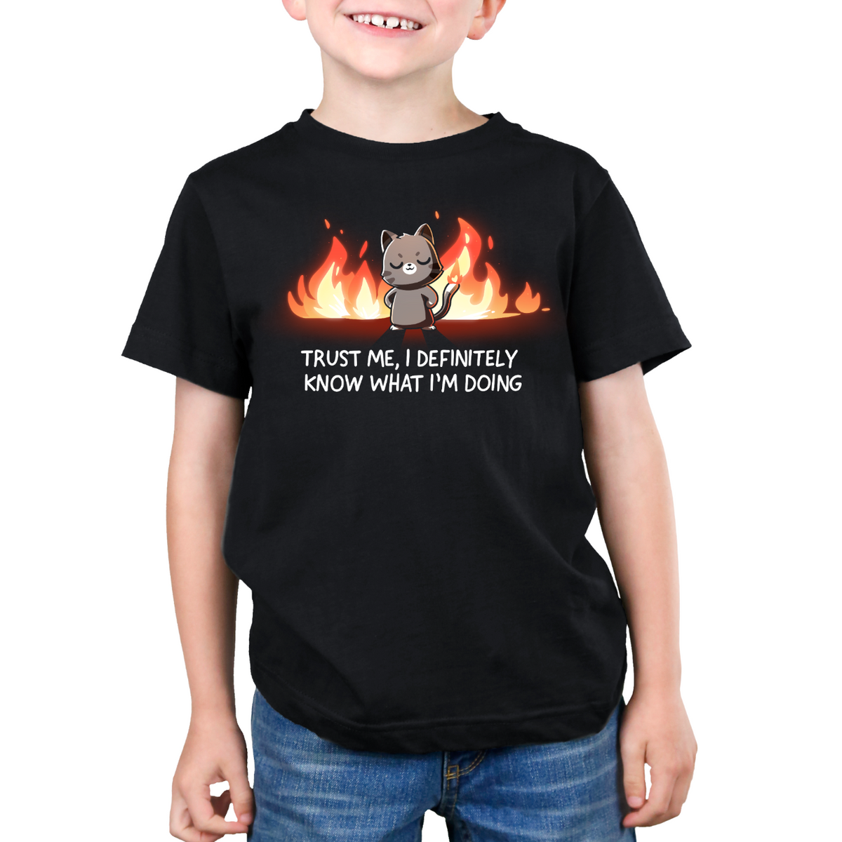 Kids' Classic T-Shirt_TeeTurtle black I Definitely Know What I'm Doing Kids' Classic T-Shirt featuring a smug gray cat standing confidently in front of bright flames with the text "Trust Me, I Definitely Know What I'm Doing."