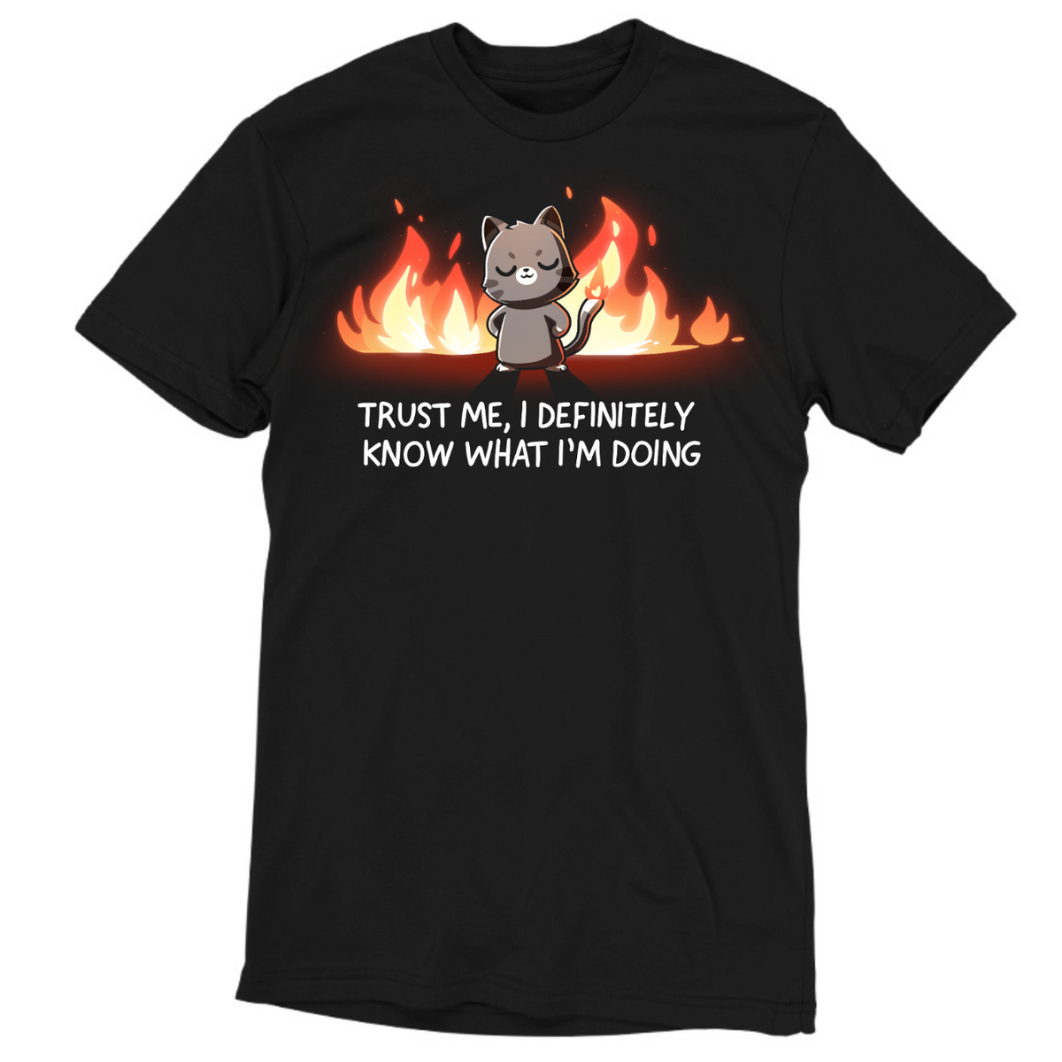 Men's Premium T-Shirt_TeeTurtle black I Definitely Know What I'm Doing Men's Premium T-Shirt featuring a smug gray cat standing confidently in front of bright flames with the text "Trust Me, I Definitely Know What I'm Doing."