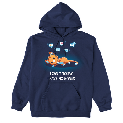Pullover Hoodie_TeeTurtle navy I Have No Bones Pullover Hoodie featuring a floppy orange cat lying flat on the ground beneath floating notification icons with the text "I Can't Today. I Have No Bones."
