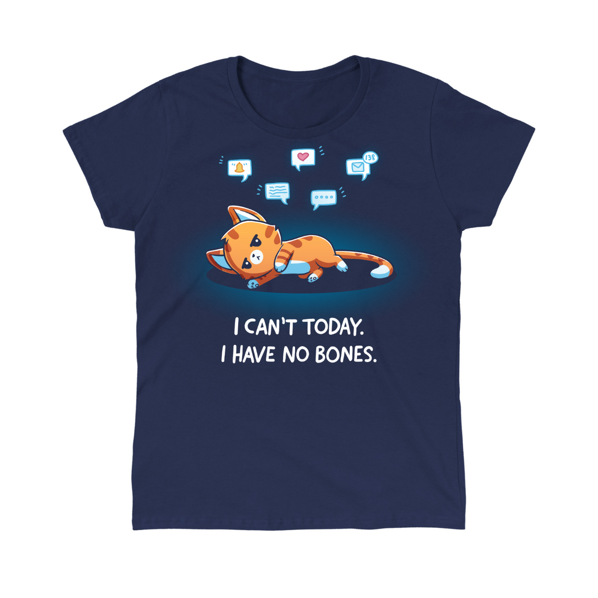 Women's Premium T-Shirt_TeeTurtle navy I Have No Bones Women's Premium T-Shirt featuring a floppy orange cat lying flat on the ground beneath floating notification icons with the text "I Can't Today. I Have No Bones."