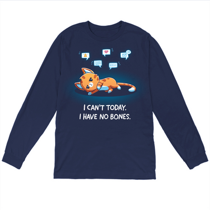Long Sleeve T-shirt_TeeTurtle navy I Have No Bones Long Sleeve T-shirt featuring a floppy orange cat lying flat on the ground beneath floating notification icons with the text "I Can't Today. I Have No Bones."
