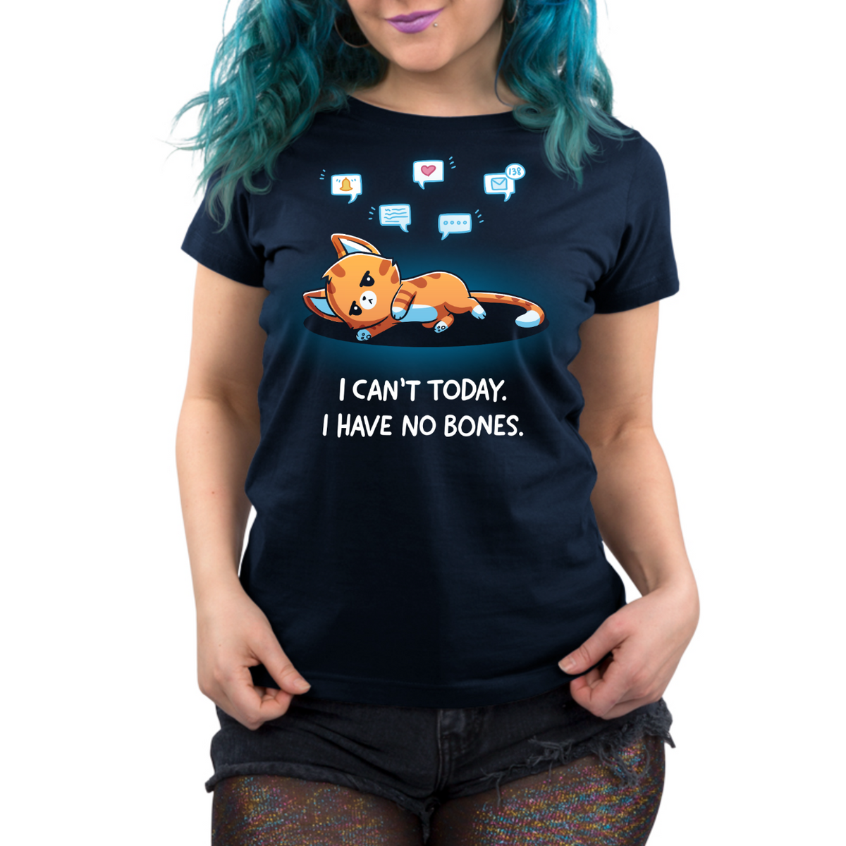 Women's Premium T-Shirt_TeeTurtle navy I Have No Bones Women's Premium T-Shirt featuring a floppy orange cat lying flat on the ground beneath floating notification icons with the text "I Can't Today. I Have No Bones."