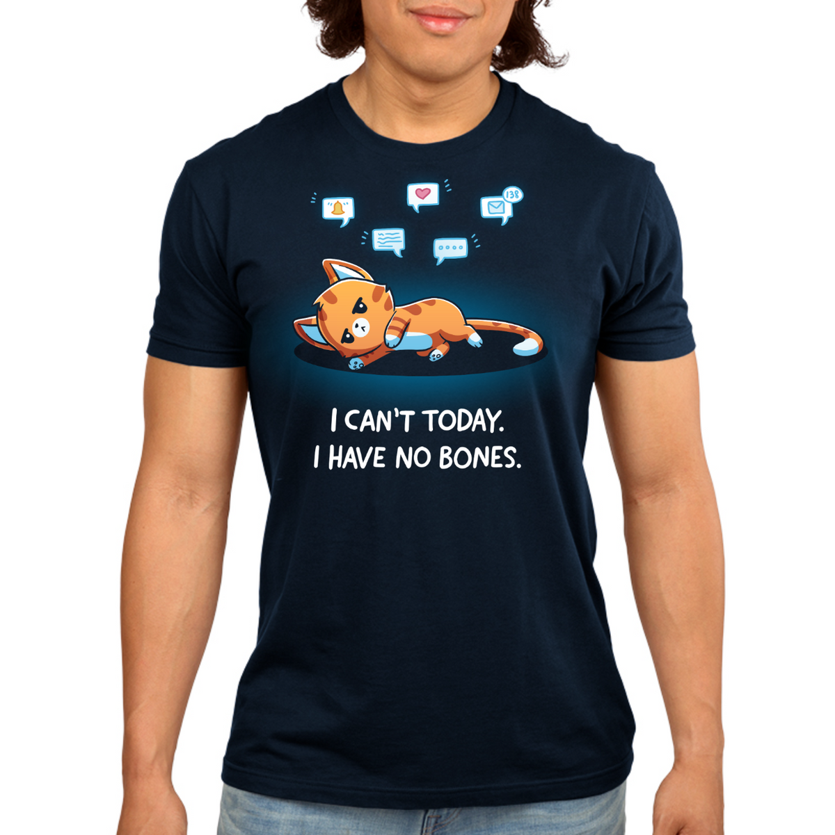 Men's Premium T-Shirt_TeeTurtle navy I Have No Bones Men's Premium T-Shirt featuring a floppy orange cat lying flat on the ground beneath floating notification icons with the text "I Can't Today. I Have No Bones."