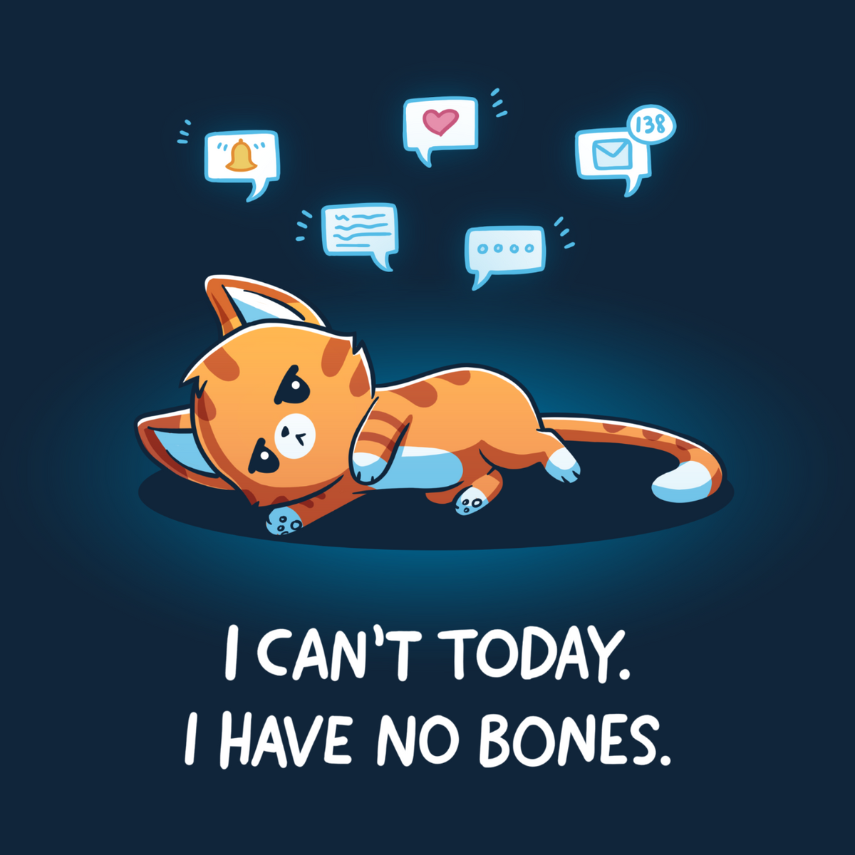 Men's Premium T-Shirt_TeeTurtle navy I Have No Bones Men's Premium T-Shirt featuring a floppy orange cat lying flat on the ground beneath floating notification icons with the text "I Can't Today. I Have No Bones."