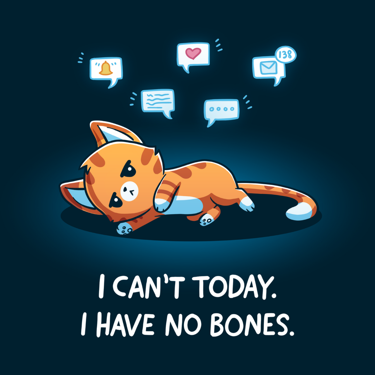 Long Sleeve T-shirt_TeeTurtle navy I Have No Bones Long Sleeve T-shirt featuring a floppy orange cat lying flat on the ground beneath floating notification icons with the text "I Can't Today. I Have No Bones."