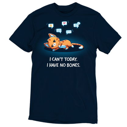 Men's Premium T-Shirt_TeeTurtle navy I Have No Bones Men's Premium T-Shirt featuring a floppy orange cat lying flat on the ground beneath floating notification icons with the text "I Can't Today. I Have No Bones."