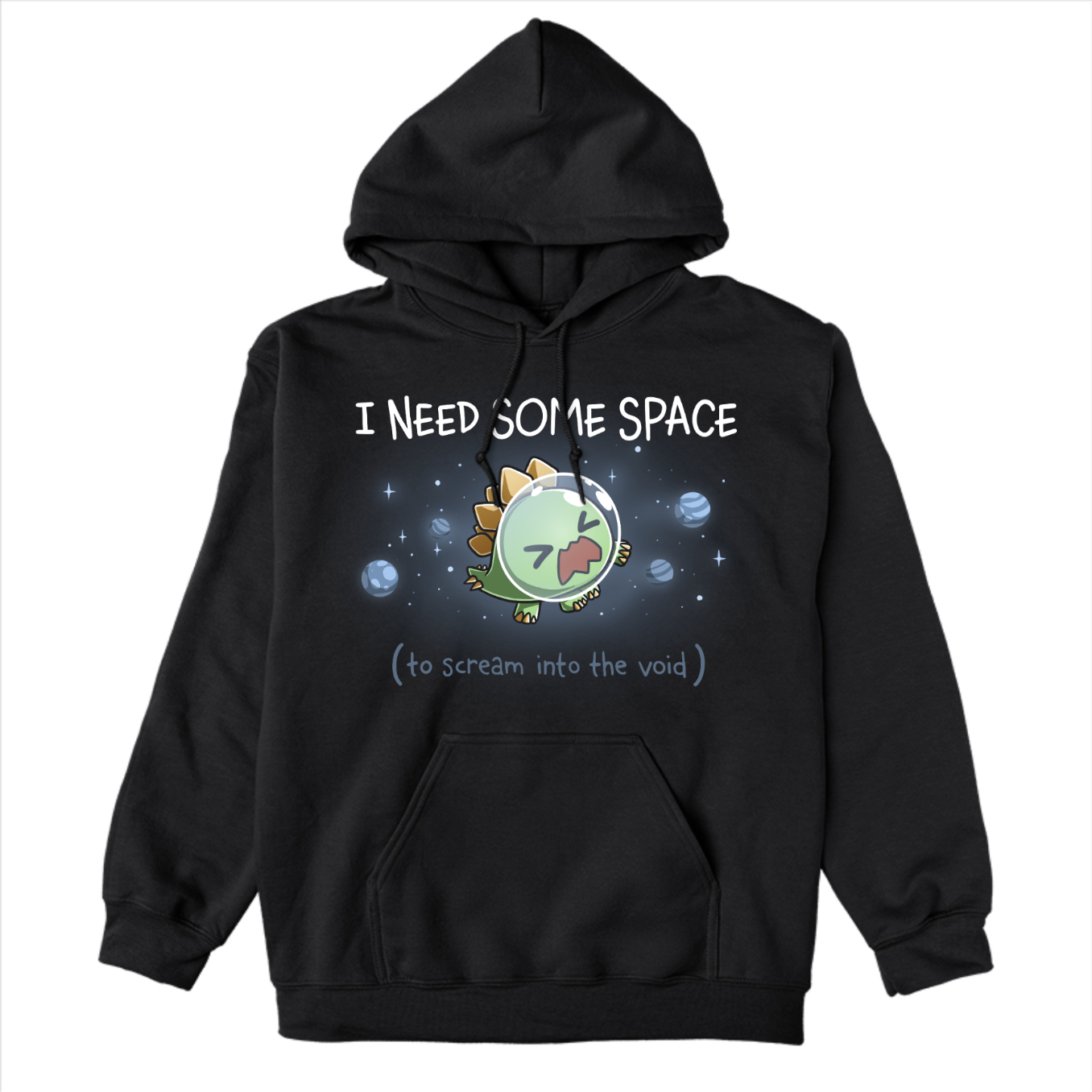 Pullover Hoodie_TeeTurtle black I Need Some Space (To Scream into the Void) Pullover Hoodie featuring an overwhelmed but cute stegosaurus astronaut with a space helmet, floating in space with the text "I Need Some Space (to scream into the void)"