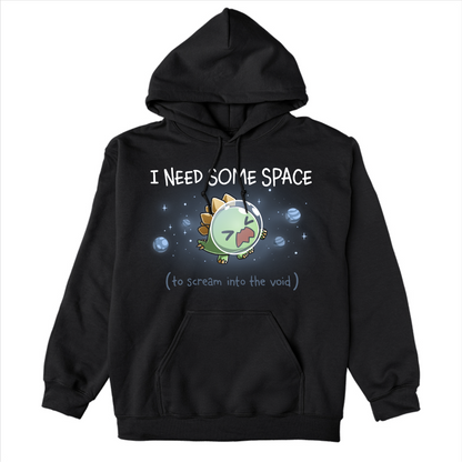 Pullover Hoodie_TeeTurtle black I Need Some Space (To Scream into the Void) Pullover Hoodie featuring an overwhelmed but cute stegosaurus astronaut with a space helmet, floating in space with the text "I Need Some Space (to scream into the void)"